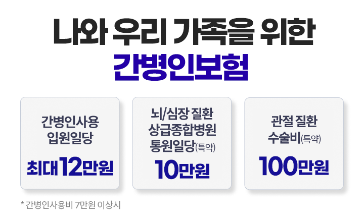 나와 우리 가족을 위한 간병인보험. 간병인사용 입원일당 최대 12만원, 뇌/심장 질환 상급종합병원 통원일당(특약) 10만원, 관절 질환 수술비(특약) 100만원. *간병인사용비 7만원 이상시
