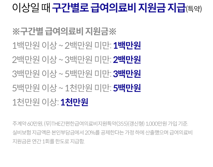 이상일 때 구간별로 급여의료비 지원금 지급(특약) ※구간별 급여의료비 지원금※ 1백만원 이상~2백만원 미만: 1백만원, 2백만원 이상~3백만원 미만: 2백만원, 3백만원 이상~5백만원 미만: 3백만원, 5백만원 이상~1천만원 미만: 5백만원, 1천만원 이상: 1천만원. 주계약 60만원, (무)THE간편한급여의료비지원특약(355)(갱신형) 1,000만원 가입 기준. 실비보험 지급액은 본인부담금에서 20%를 공제한다는 가정 하에 산출했으며 급여의료비 지원금은 연간 1회를 한도로 지급함